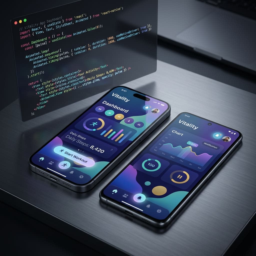 Dwa smartfony pokazujące aplikację mobilną z kodem React Native w tle