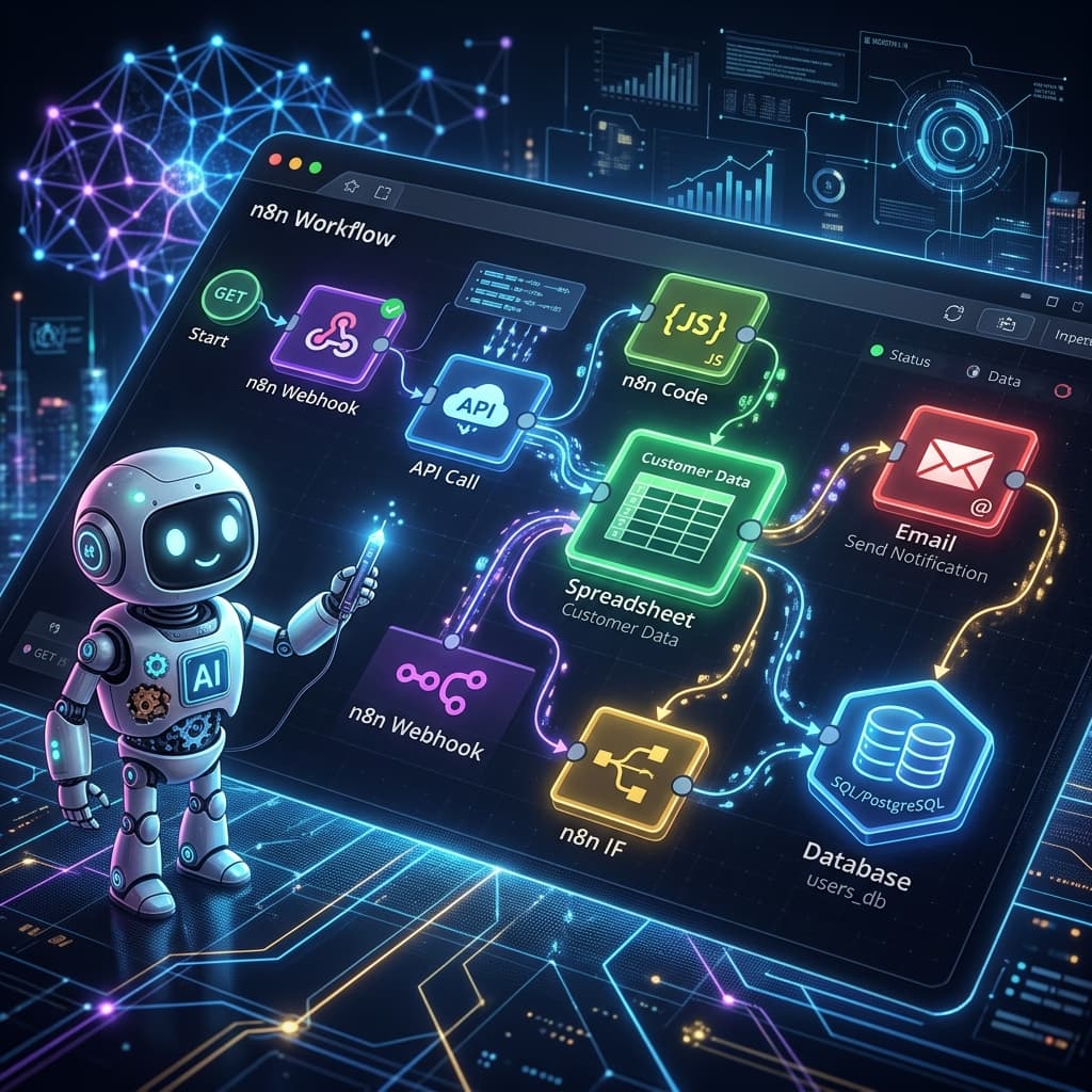 Wizualizacja workflow n8n z małym pomocnym robotem